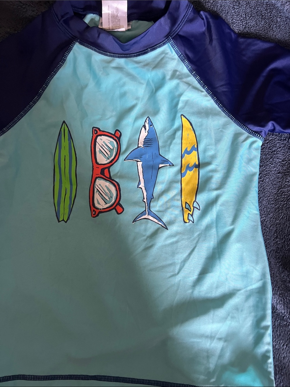 Boys Rash Guard & Swimsuit Set - Light Blue Top & Orange Shark Shorts size 7/8 - Picture 6 of 7